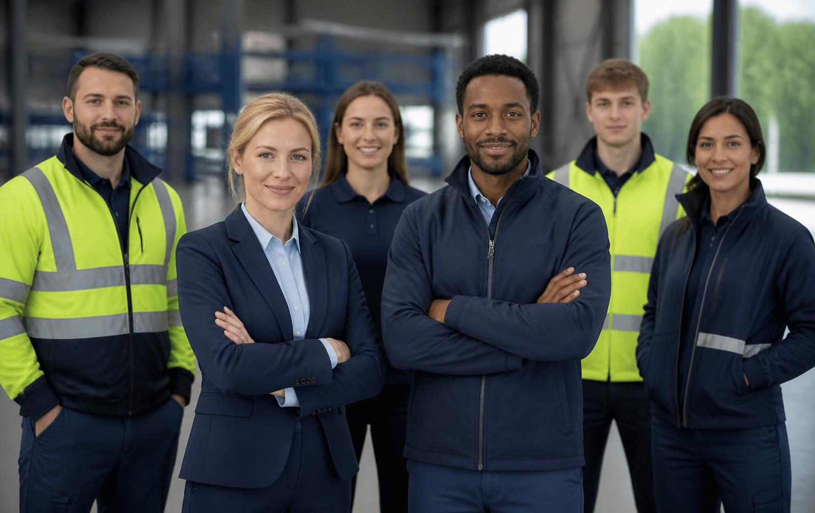 Team members wearing branded workwear and corporate uniforms